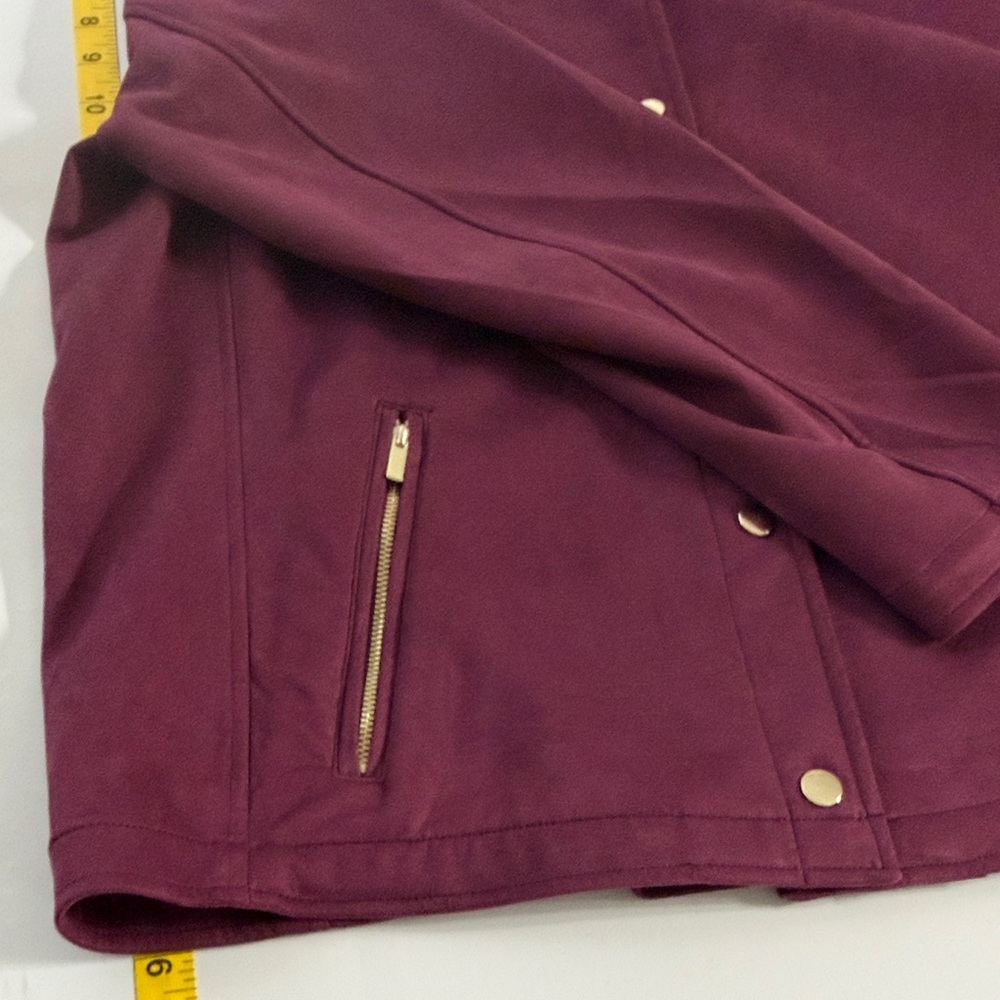 Chico’s Size 3 (XL/1X) Burgundy Moto Jacket Zip Pockets Stretch Blazer Plus - Picture 10 of 12